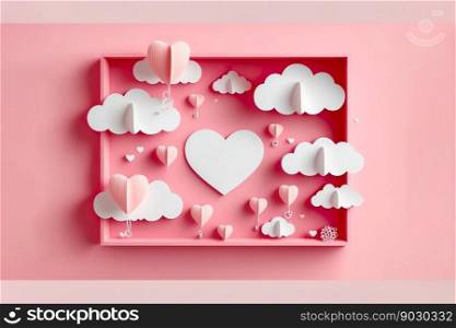 Paper cut style , valentine day with heart baloon and love, Generative Ai