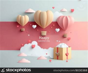 Paper cut style , valentine day with heart baloon and love, Generative Ai
