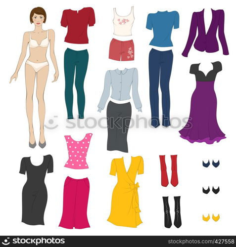 Paper doll with clothes in flat style on white background. Paper doll with clothes