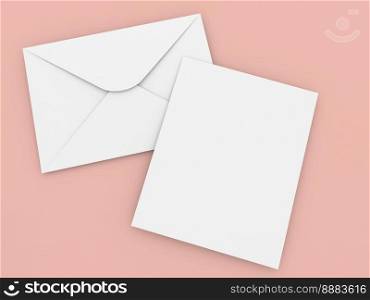 Paper envelope and sheet of a4 paper on a pink background. 3d render illustration.. Paper envelope and sheet of a4 paper on a pink background. 