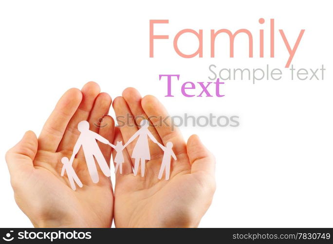 Paper family in hands isolated on white background