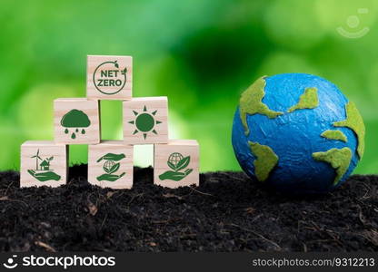 Paper globe and wooden cube with net zero symbol for eco awareness. Reduce CO2 emission, fight climate change and global warming by clean energy for environmental protection. Alter. Paper globe and wooden cube with net zero symbol for eco awareness. Alter