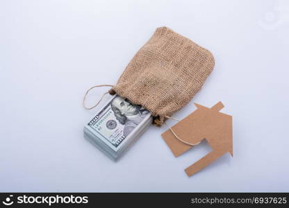 Paper house placed beside a bundle of US dollar banknote