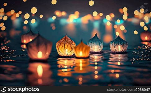 Paper lanterns float on water. Floating Lantern Festival, Memorial Day. Generative AI. High quality illustration. Paper lanterns float on water. Floating Lantern Festival, Memorial Day. Generative AI