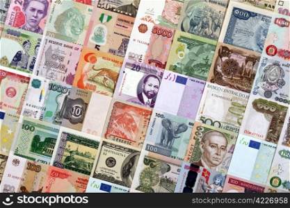 Paper money of different countries are staggered