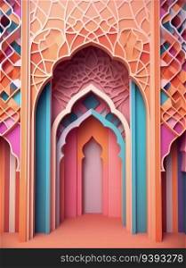 Paper Mosque Reverence Minimalistic 3D Craft Style Illustration for Islamic Art. Ramadan Kareem 3d abstract paper cut illustration. For print, web design, UI, poster and other.