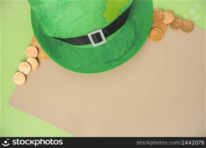 paper near coins saint patricks hat