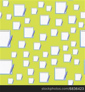 Paper Notebook and Blue Pen Seamless Pattern on Yellow Background. Paper Notebook and Blue Pen Seamless Pattern