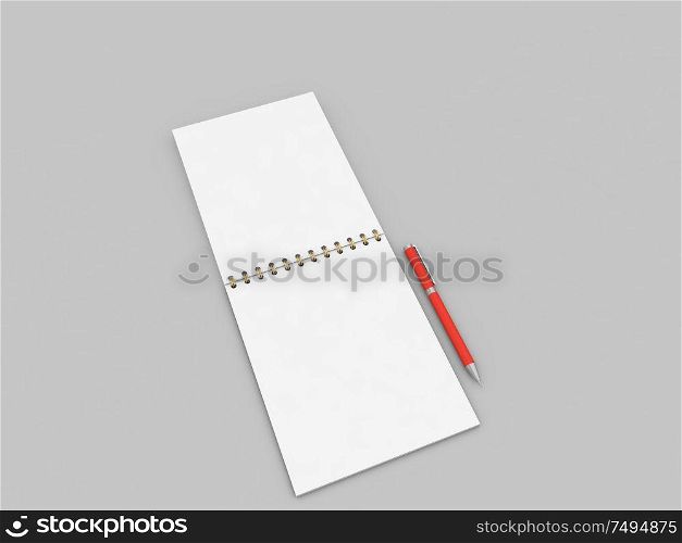 Paper notebook and pen on a gray background. 3d render illustration.. Paper notebook and pen on a gray background.