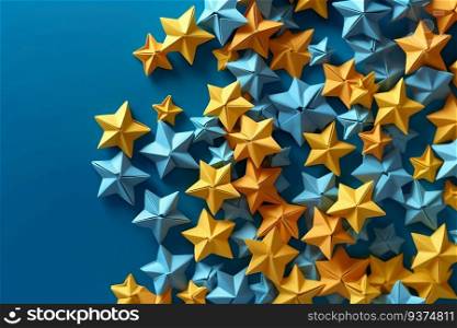 Paper origami yellow and blue stars on a blue background. Starry sky made of colored paper. Paper origami stars