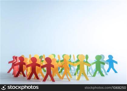 Paper people in LGBT rainbow colors on a blue background.