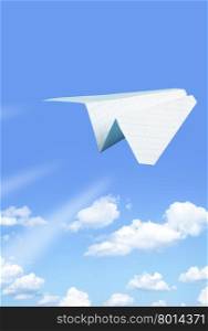 Paper plane flying. Sky and clouds in the background