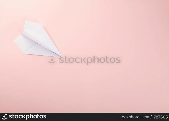 Paper plane letter document message. Top view mock up design of airplane travel, isolated on pink background with blank empty space for copy space