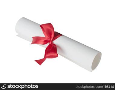 Paper scroll (diploma) tied with red ribbon isolated on a white background