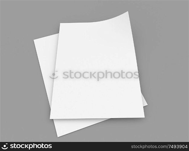 Paper sheets template on gray background. 3d render illustration.. Paper sheets template on gray background.