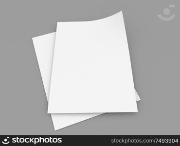 Paper sheets template on gray background. 3d render illustration.. Paper sheets template on gray background.