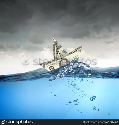 Paper ship. Paper ship floating on water on stormy waves