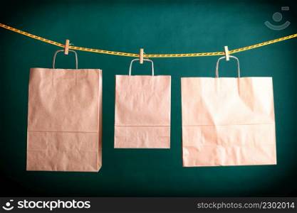 paper Shopping gift bags on green background ecologocal