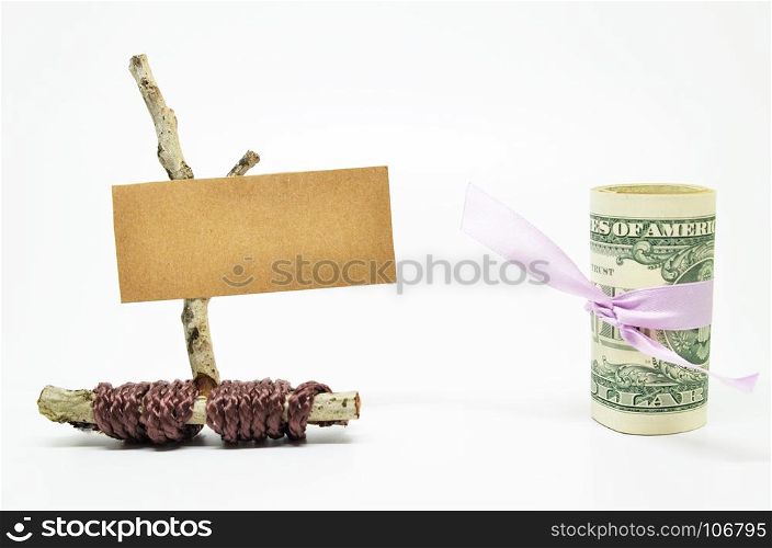 Paper sign board with US dollar on white background