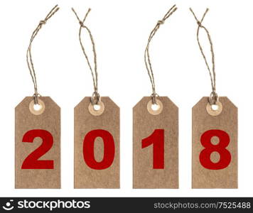 Paper tags with string isolated on white background. New Year 2018 concept