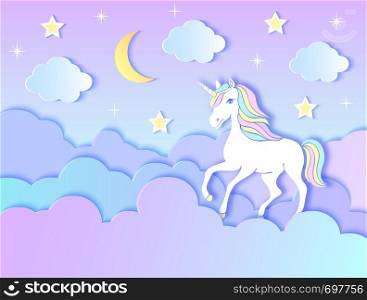 Paper unicorn, clouds,moon and stars on violet gradient background.Vector illustration.