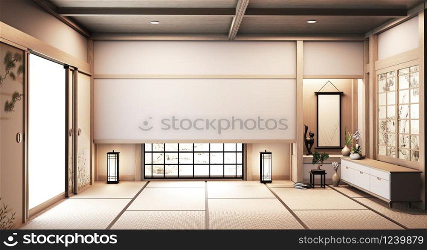 Paper window wooden design on Empty room white on wooden floor japanese interior design.3D rendering