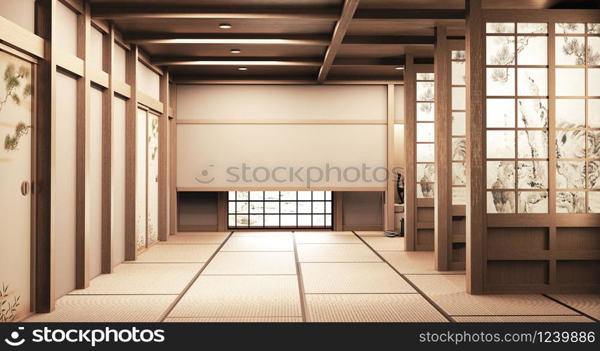 Paper window wooden design on Empty room white on wooden floor japanese interior design.3D rendering