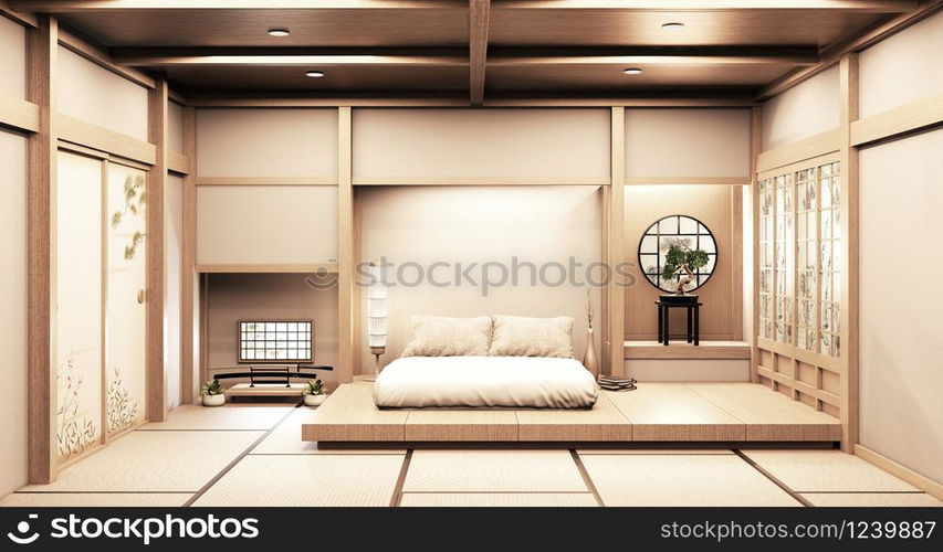 Paper window wooden design on Empty room white on wooden floor japanese interior design.3D rendering