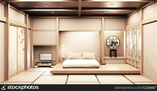 Paper window wooden design on Empty room white on wooden floor japanese interior design.3D rendering