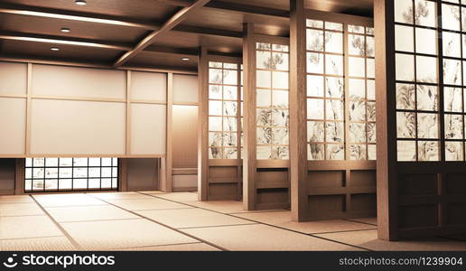 Paper window wooden design on Empty room white on wooden floor japanese interior design.3D rendering