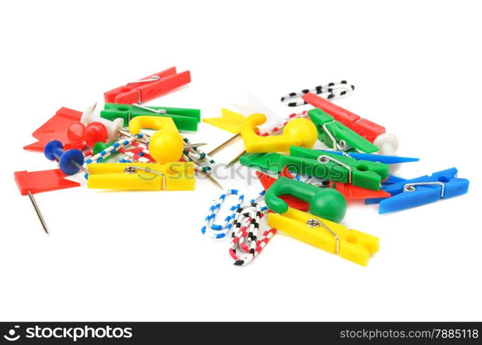 paperclips and thumbtack isolated on white background