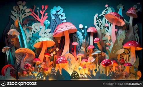 Papercut illustration, kirigami. Landscape of fantasy mushrooms world. Paper craft illustration.. Papercut illustration, kirigami. Landscape of fantasy mushrooms world. Paper craft illustration