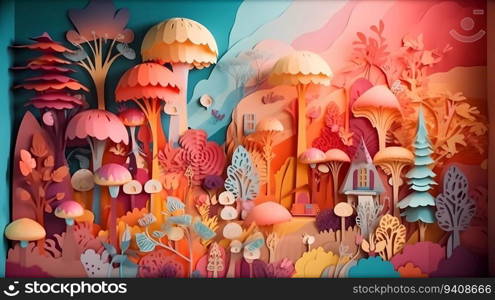 Papercut illustration, kirigami. Landscape of fantasy mushrooms world. Paper craft illustration.. Papercut illustration, kirigami. Landscape of fantasy mushrooms world. Paper craft illustration