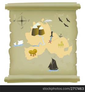 Papirus roll with treasure island map. Isolate object over white background