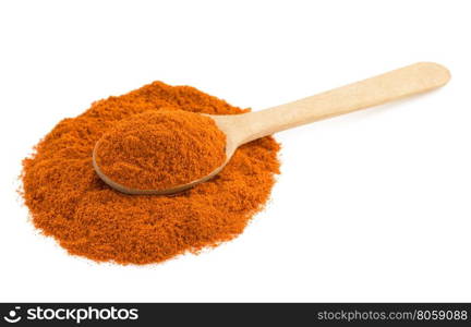 paprika powder and spoon isolated on white background