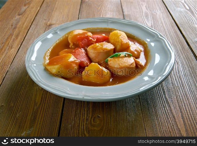 paprikash krumpli - Hungarian Paprika Potatoes . stew made of potato, onion, pepper, tomato, sausage