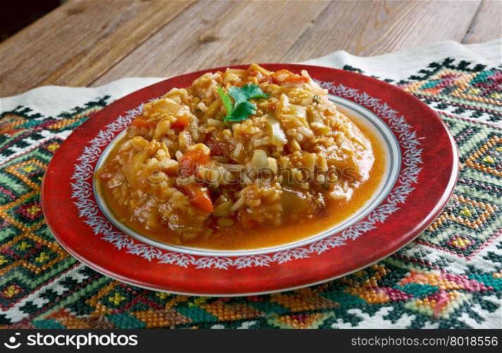 Paprykarz szczecinski. Polish paste made by ,fish paste mixing with rice, onion, tomato concentrate, vegetable oil, salt and a mixture of spices