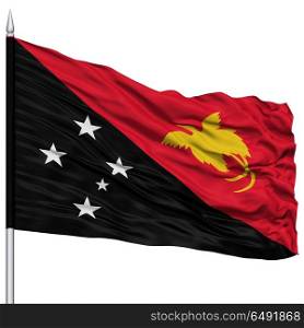 Papua New Guinea Flag on Flagpole , Flying in the Wind, Isolated on White Background