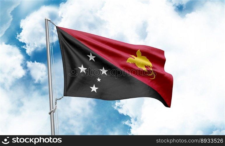 Papua New Guinea flag waving on sky background. 3D Rendering