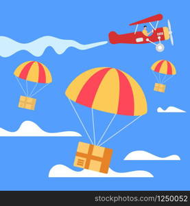 Parachutes with Parcel Boxes Falling Down from Red Retro Airplane in Blue Sky Background with Clouds. Transportation Shipping Package Cargo Service. Air Mail Express Delivery. Flat Vector Illustration. Parachutes with Boxes Falling Down from Airplane