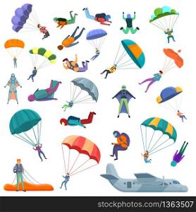Parachuting icons set. Cartoon set of parachuting vector icons for web design. Parachuting icons set, cartoon style