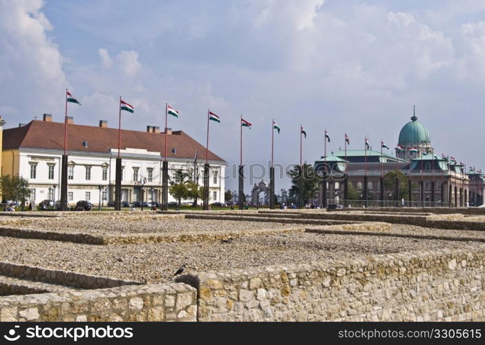 parade ground on the castle hill in Budapest with many flags