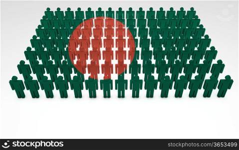 Parade of 3d people forming a top view of Bangladesh flag. With copyspace.