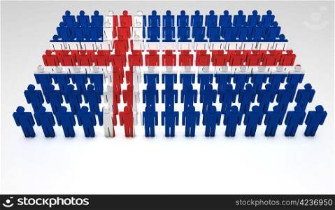 Parade of 3d people forming a top view of Icelandic flag. With copyspace.
