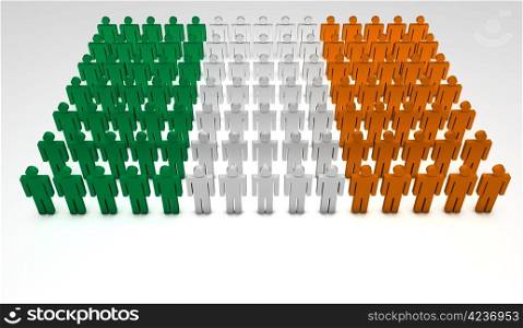 Parade of 3d people forming a top view of Irish flag. With copyspace.