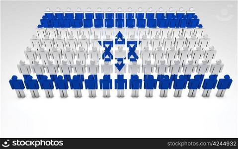 Parade of 3d people forming a top view of Israeli flag. With copyspace.
