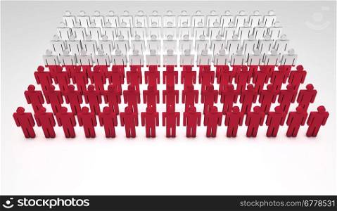 Parade of 3d people forming a top view of Polish flag. With copyspace.