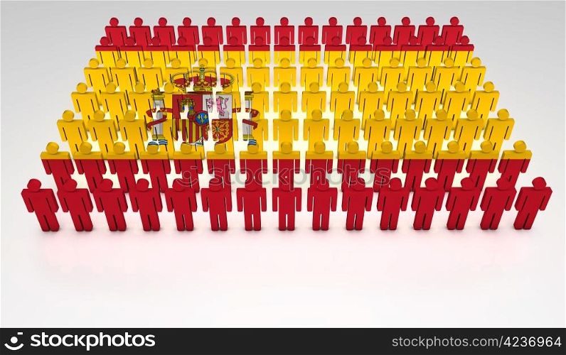 Parade of 3d people forming a top view of Spanish flag. With copyspace.
