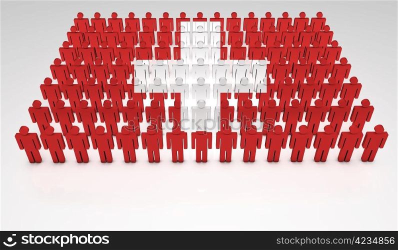Parade of 3d people forming a top view of Swiss flag. With copyspace.
