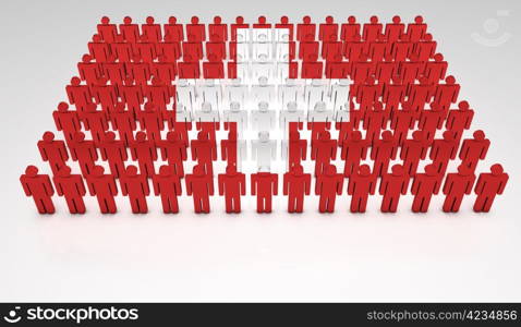 Parade of 3d people forming a top view of Swiss flag. With copyspace.